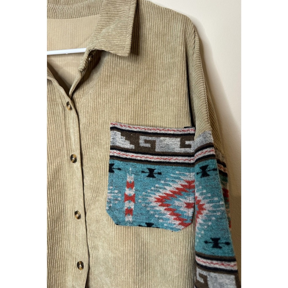 Unbranded Tan Corduroy Shacket Aztec Southwestern Print‎ Sleeves Plus Size 2XL - Picture 4 of 5